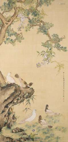 QU ZHAOLIN (1866-1937) Five Pigeons by Cypress