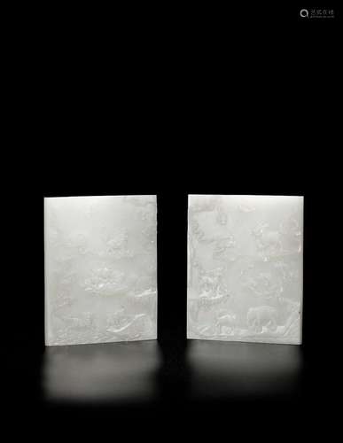 A PAIR OF SMALL WHITE JADE 'MYTHICAL BEASTS' RECTANGULAR TAB...