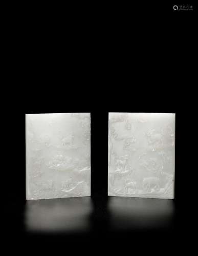 A PAIR OF SMALL WHITE JADE 'MYTHICAL BEASTS' RECTANGULAR TAB...