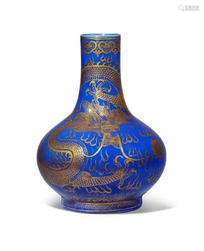A BLUE-GROUND GILT-DECORATED 'DRAGON' VASE, TIANQIUPING Guan...
