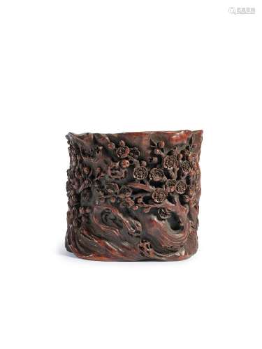 A LARGE BAMBOO CARVED 'PRUNUS BLOSSOMS' BRUSHPOT    18th cen...