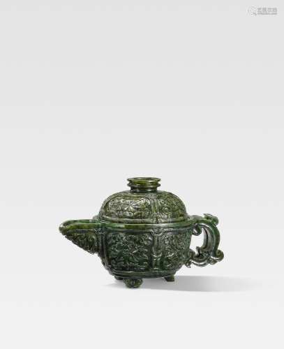 A SPINACH-GREEN JADE ARCHAISTIC POURING VESSEL AND COVER, YI...