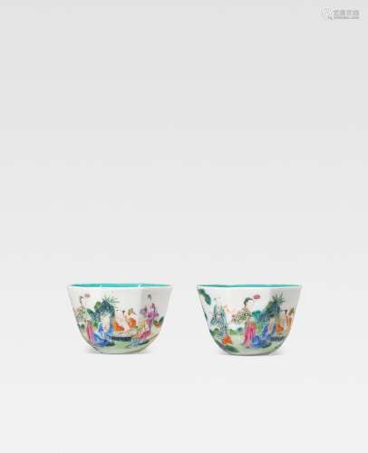 A PAIR OF FAMILLE ROSE 'EIGHT IMMORTALS' OCTAGONAL CUPS Jiaq...