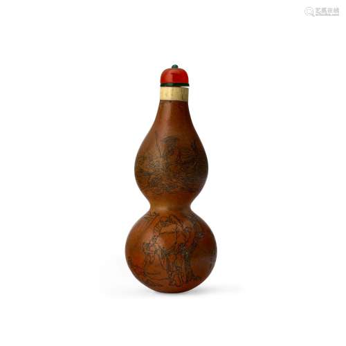 A RARE INCISED GOURD SNUFF BOTTLE,  Signed Wentong, Beijing,...