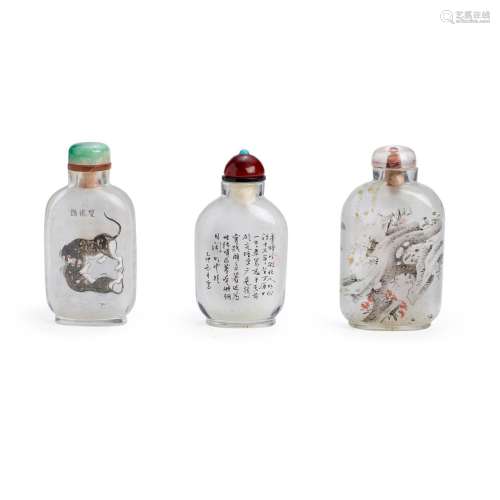 THREE INSIDE-PAINTED GLASS BOTTLES Dated 1900; dated 1975; c...