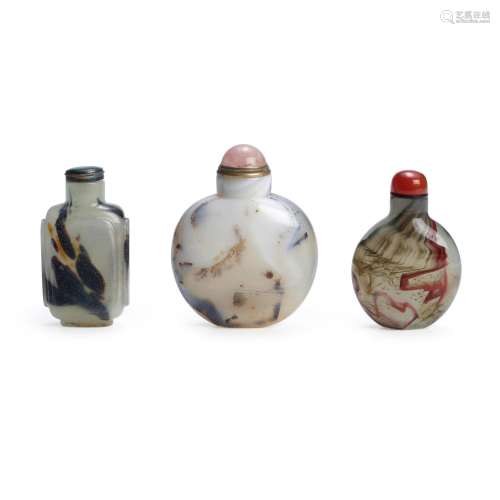 ONE AGATE AND TWO GLASS 'IMITATING AGATE' BOTTLES Th...