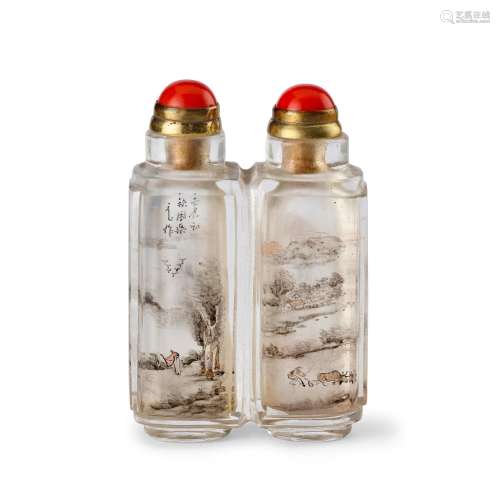A RARE INSIDE-PAINTED DOUBLE ROCK CRYSTAL SNUFF BOTTLE Zhang...