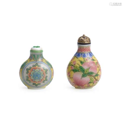 TWO ENAMELED GLASS SNUFF BOTTLES Modern, the first circa 198...