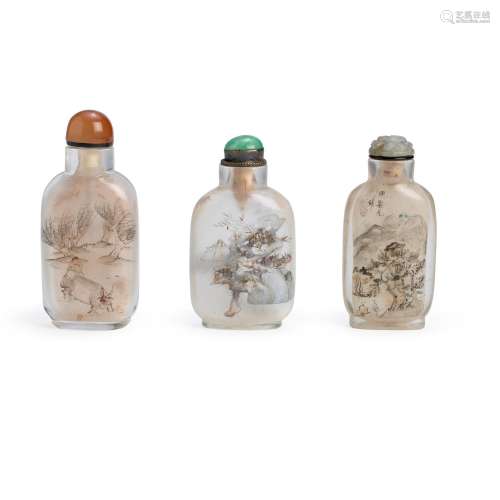 THREE INSIDE-PAINTED GLASS BOTTLES 1890-1910; circa 1890; an...