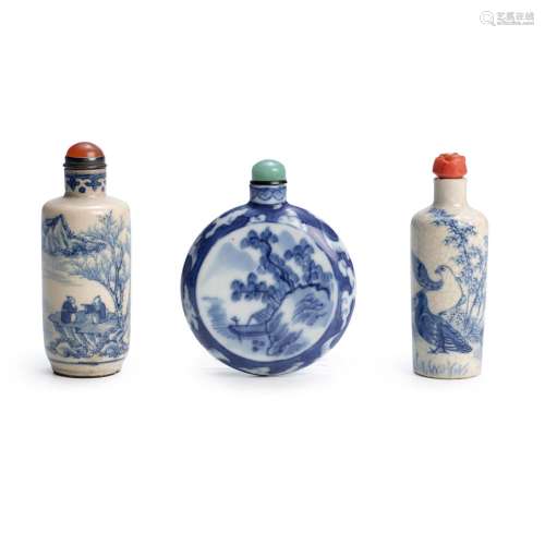 THREE BLUE AND WHITE PORCELAIN SNUFF BOTTLES 1800-1900; 1830...