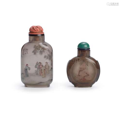 TWO INSIDE-PAINTED SMOKY CRYSTAL SNUFF BOTTLES The first: da...