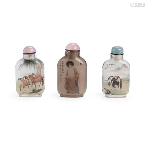 THREE MODERN INSIDE-PAINTED GLASS BOTTLES The first and thir...