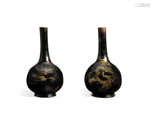 TWO MIRROR-BLACK GILT-DECORATED 'DRAGON' VASES 19th ...