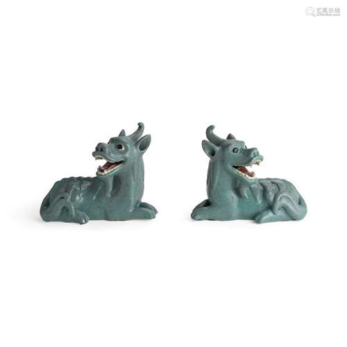 A PAIR OF 'ROBINS EGG'-GLAZED MYTHICAL BEASTS Late Q...