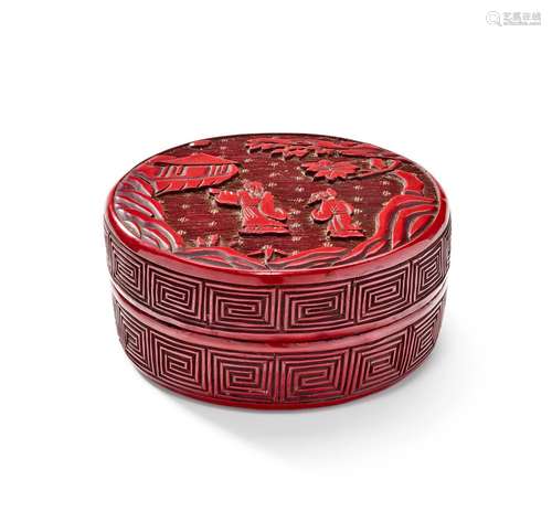 A CINNABAR LACQUER SMALL CYLINDRICAL BOX AND COVER 15th cent...