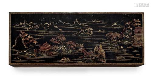 A MASSIVE GILT-PAINTED BLACK LACQUER RECTANGULAR BOX AND FLA...