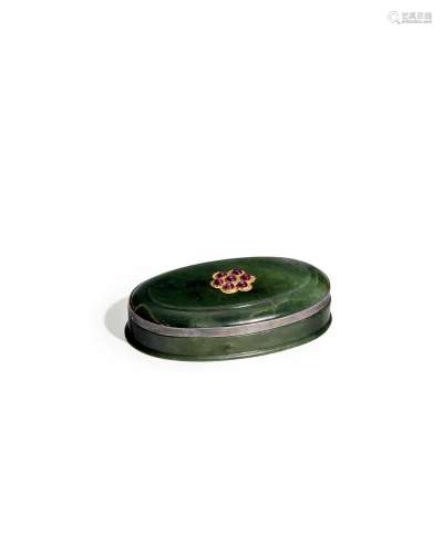 A SILVER MOUNTED SPINACH GREEN JADE OVAL BOX AND COVER