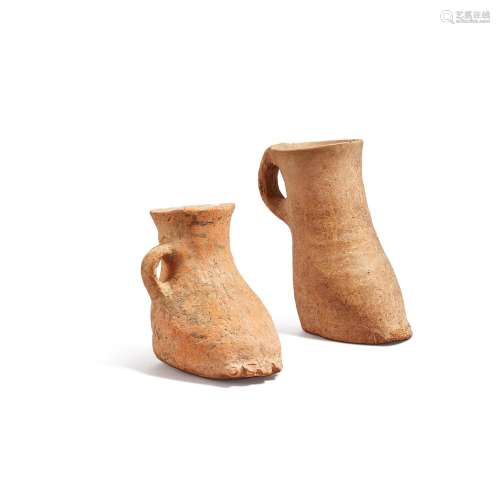 Two red pottery boot-form cups, Majiayao culture, Machang ph...