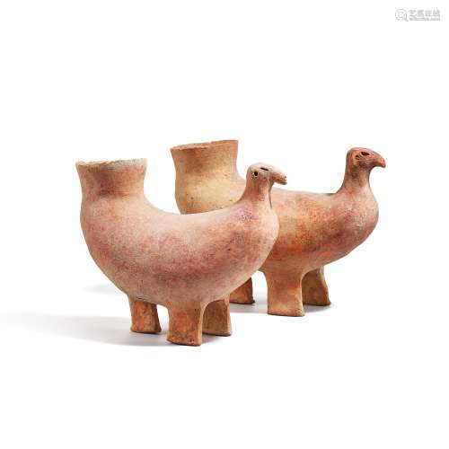 A pair of small abstract pottery ram and ewe, Qijia culture,...