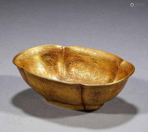 中國古代，銅鎏金花卉紋耳杯（唐）