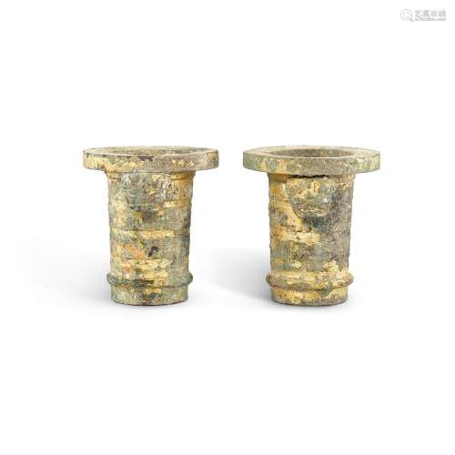 A pair of gold sheet-embellished bronze chariot fittings, Ea...