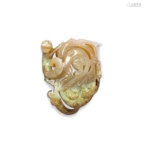 A grey and russet jade reticulated 'dragon' pendant,...