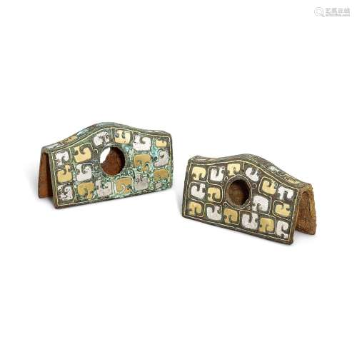 Two gold and silver-inlaid bronze fittings, Eastern Zhou dyn...