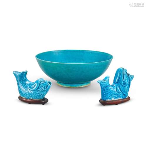 A group of three turquoise-glazed vessels, Qing dynasty, Kan...