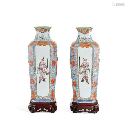 A pair of applique-decorated famille-rose octagonal vases, Q...