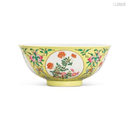 A fine yellow-ground famille-rose ‘medallion’ bowl, Seal mar...