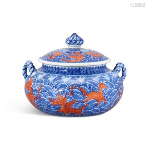 An iron-red underglaze-blue handled jar and cover, Mark and ...