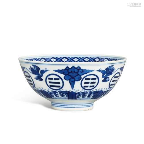 A blue and white 'trigram and crane' bowl, Mark and ...