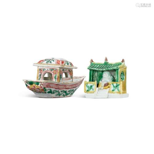A sancai Buddhist temple and a famille-verte boat, Qing dyna...