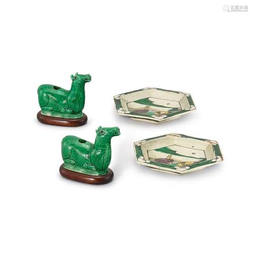 A pair of green-glazed ‘horse’ waterdroppers and a pair of b...