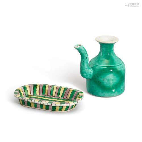 A biscuit-enamelled sancai oval dish and a green-glazed oil ...