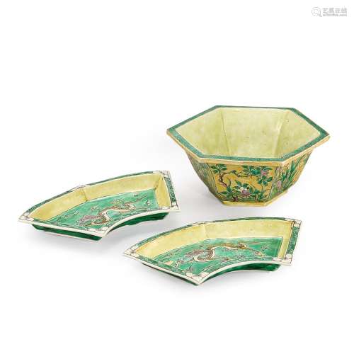 A group of yellow-ground sancai bowl and dishes, Qing dynast...