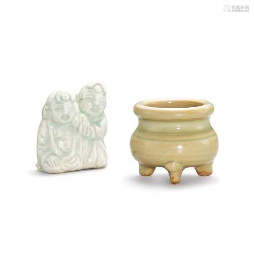 A small Yaozhou celadon tripod censer and a qingbai figure o...