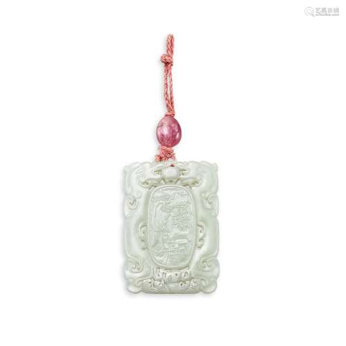 An inscribed white jade 'scholar and crane' pendant,...