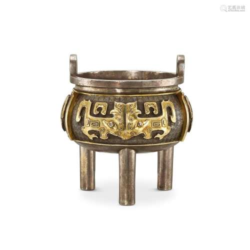 A parcel-gilt silver tripod censer, Qing dynasty, Daoguang -...