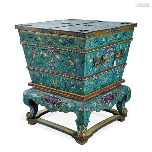 A large cloisonne ice chest and stand Qing dynasty, 19th cen...