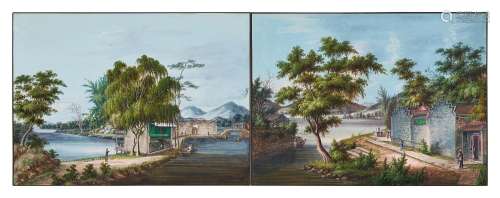 Studio of Tingqua, A pair of Chinese export landscape painti...