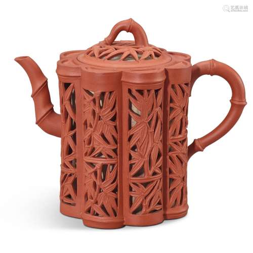 A reticulated double-walled yixing 'bamboo' teapot a...