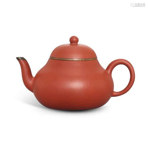 A metal-mounted yixing red stoneware teapot, Qing dynasty, T...
