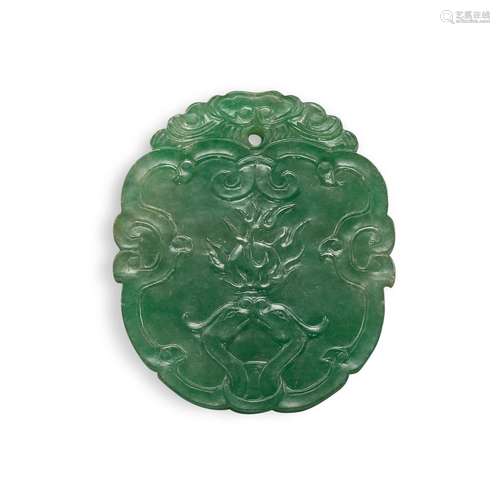 A carved jadeite 'chilong' plaque, Qing dynasty 清 翠...