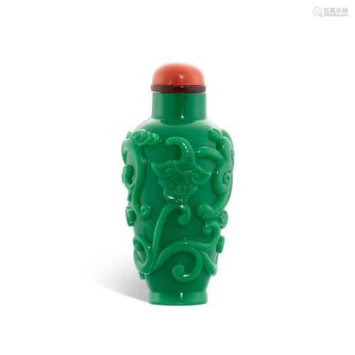 An imperial green glass 'chilong' snuff bottle, Mark...