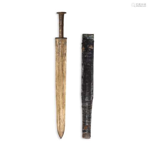 A parcel-gilt bronze sword and black lacquer scabbard, Han d...