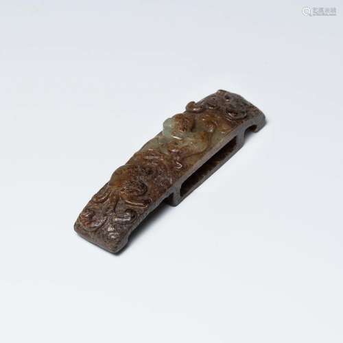 明代或更早 玉雕螭龍劍呲A Chinese carved jade sword handle,Mi...