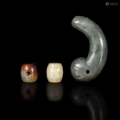 十九世紀或更早 玉珠飾三個Three Chinese jade beads,19th centu...