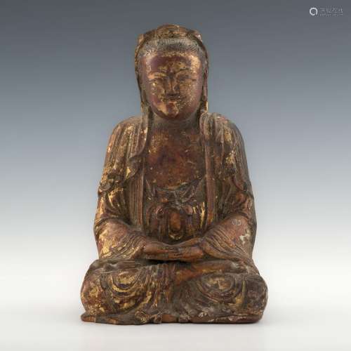 明代 木雕漆金觀音坐像A Chinese gilt-wood carved statue of Gu...