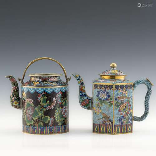 十九世紀 掐絲琺瑯壺兩把Two Chinese cloisonne teapots,19th ce...